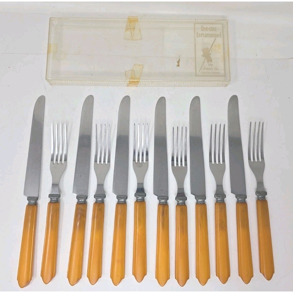 Butterscotch Bakelite Flatware Knives and Forks Lot of 12 U25